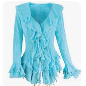 Expose Y2K Bohemian Crinkle Ruffle Lace Trim Gauze Blouse Women O/S  Boho Gypsy